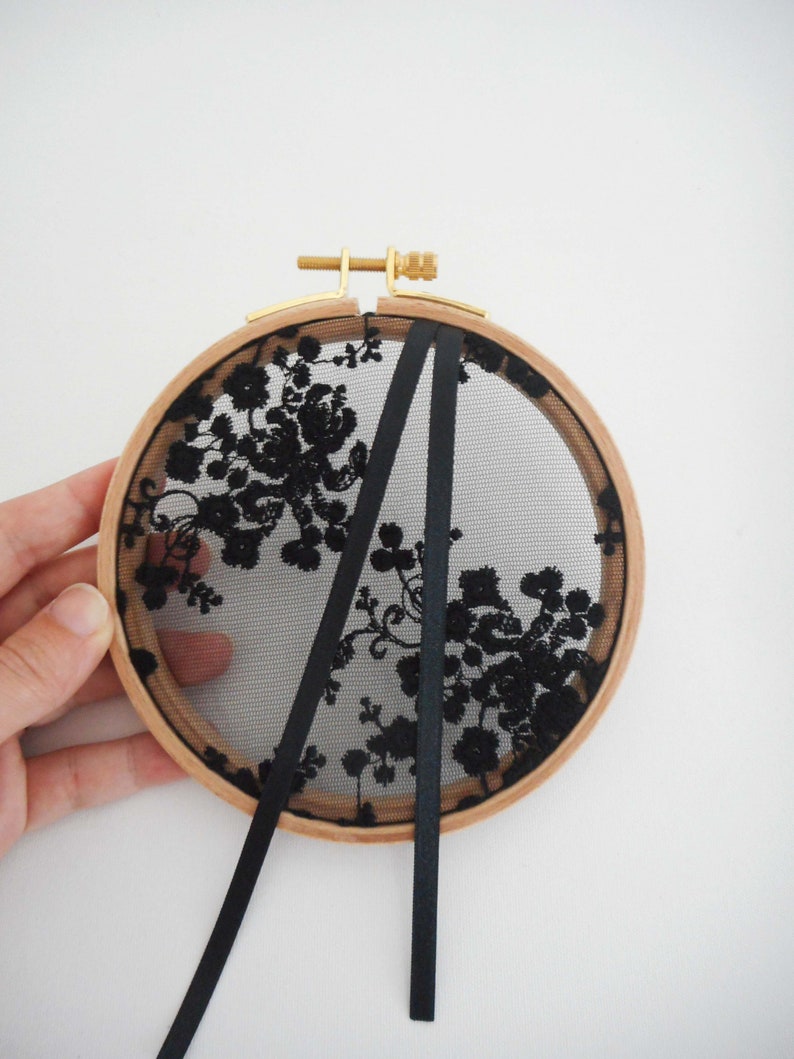 Wedding ring holder embroidery flowers, wood embroidery drum, romantic and country theme, satin ribbon white, ivory, or black, bohemian, Wedding image 8