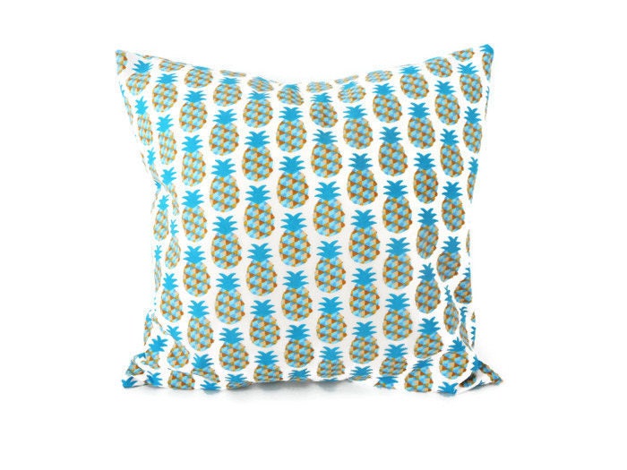 Housse de Coussin 40 X cm, Tissu Blanc Imprimé Ananas, Housse Carrée Dans Les Tons Bleus, Décoration