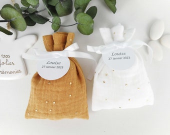 Box of double gauze camel or white golden polka dots, white ribbon, customizable paper label, bag, Wedding, girl baptism