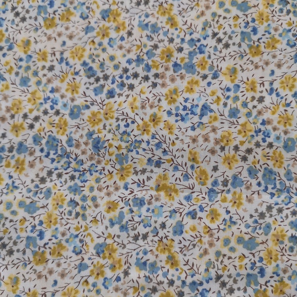 Coupon Liberty Phoebe  Chebika 0.25 mètre , coloris bleu et jaune , Laize 1.35 m , fine batiste de coton , fleurs , tissu Liberty fabrics