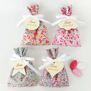 Borsa liberty confetti a scelta, nastro di raso bianco, con o senza etichette in legno o plexiglass, matrimonio, battesimo, sacchetto, comunione