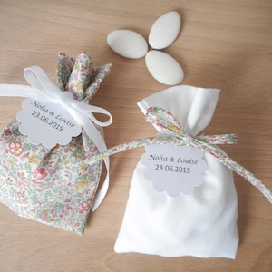 Lotto 2 liberty Katie e Millie Pastel confetti ballotin, tessuto bianco e nastro, etichetta di carta personalizzata, borsa da sposa, battesimo