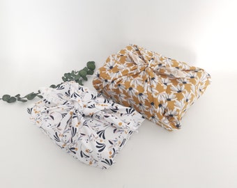 4 Furoshiki 70 x 70 cm, fabric gift packaging, white foliage and lotus mustard, ecological, birthday gift, Christmas, zero waste