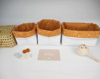 Lot 3 paniers de rangement, petit moyen rectangle, simili cuir blanc, tissu jaune moutarde petites fleurs, bord argenté, pochon, fille, bébé