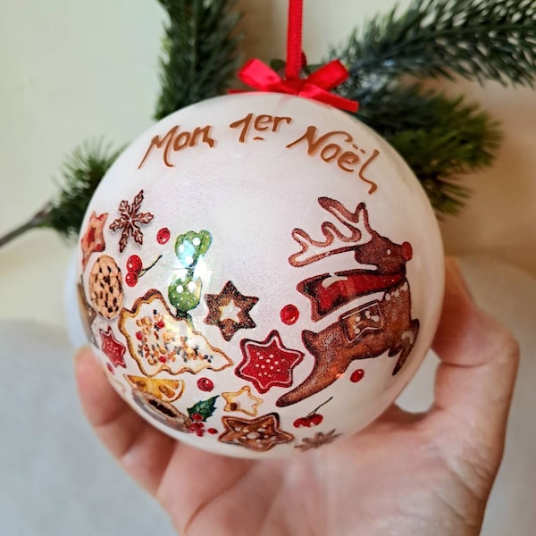 Boule de Noël naissance mon 1er Noël, renne friandises de Noël