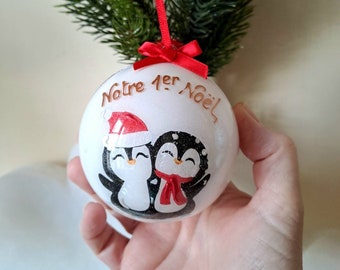 Boule de Noël notre 1er Noël,  de Noël pour les amoureux, pingouins bonnet