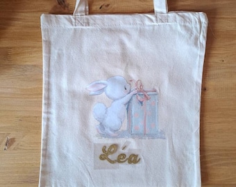 Tote-bag Pâques, 31 x 29 cm, coton naturel, motif appliqué lapin, Pâques