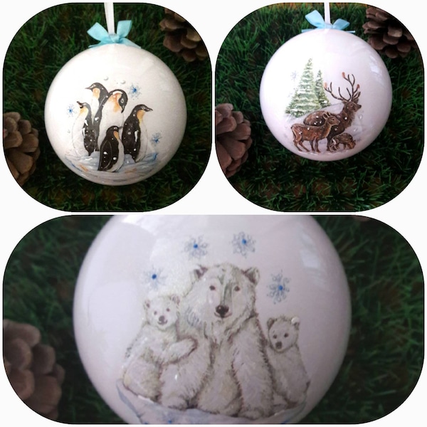 Boule de Noël ou premier Noël, collection "animaux polaires", 3 motifs différents,  décoration de Noël, sapin de Noël