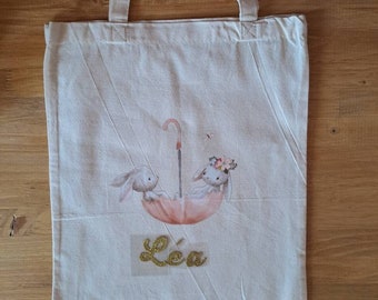 Tote-bag personnalisable prénom Pâques, 31 x 29 cm, coton naturel, motif appliqué lapin, Pâques