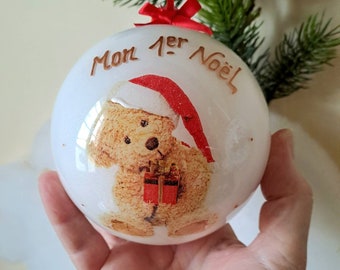 Boule de Noël naissance mon 1er Noël, décoration de Noël, sapin de Noël, ourson bonnet de Noël