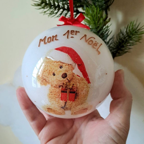 Boule de Noël naissance mon 1er Noël, décoration de Noël, sapin de Noël, ourson bonnet de Noël