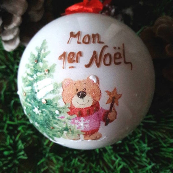 Boule de Noël naissance mon 1er Noël, décoration de Noël, ourson et bonhomme de neige, diamètre 8cm