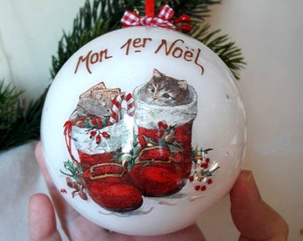 Boule de Noël naissance mon 1er Noël, décoration de Noël, botte de Noël et chaton