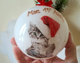 Boule de Noël naissance mon 1er Noël chaton bonnet de Noël