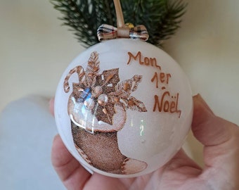 Boule de Noël naissance mon 1er Noël botte et cloche de Noël, diamètre 8 cm