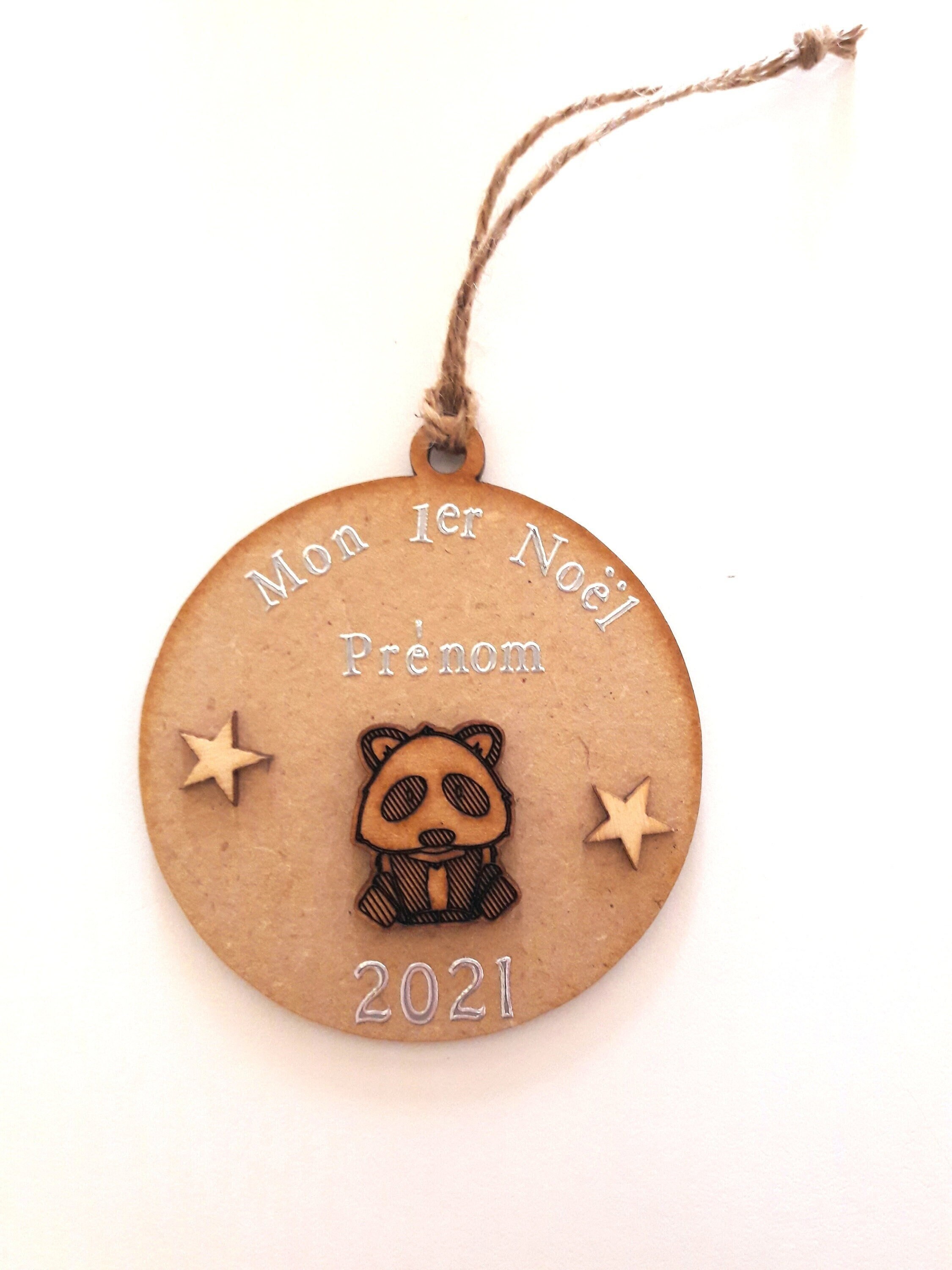 Boule de Premier Noël en Bois, Panda, Médaillon 7 cm, Personnalisable