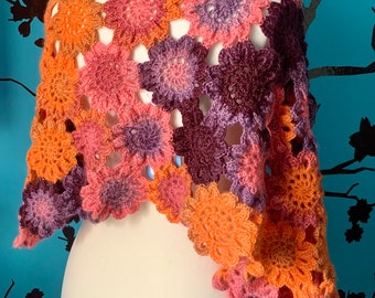 Japanese stole with orange and purple flowers crocheted