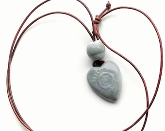 Necklace ceramic pendant heart and sky blue pearl