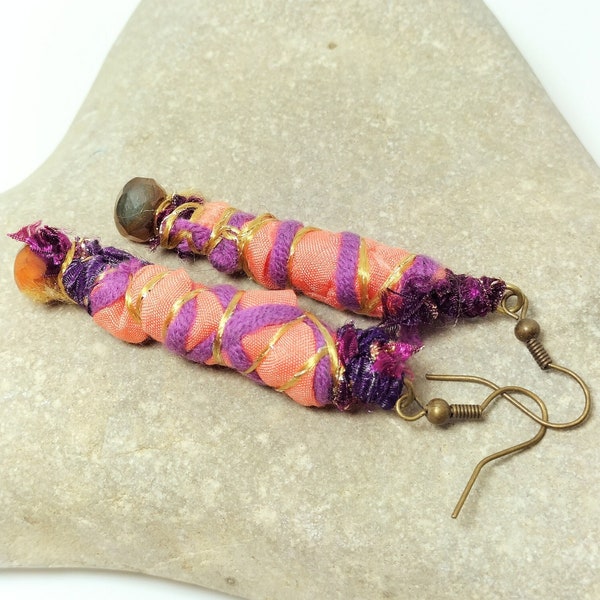 Peach silk and purple ribbon earrings