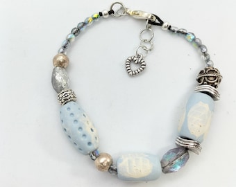 Sky blue and cream ceramic bead bracelet and silver pearls