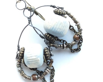 Blue and old silver ceramic pearl hanging earrings