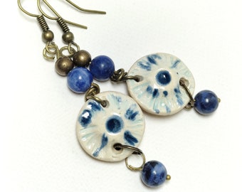 White and blue ceramic dangling earrings