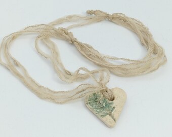 Lace mesh necklace ceramic pendant leaf imprint