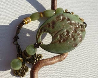 50% already applied - Oval medallion bracelet with khaki green flower print