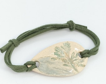 Ceramic medallion bracelet imprint of leaf