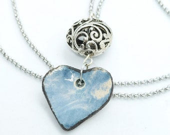 Small blue ceramic heart necklace