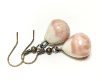 Pink and Cream Ceramic Dangle Earrings