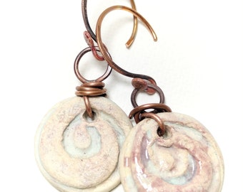 Pale pink ceramic spiral pendant earrings