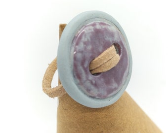 Blue and purple enameled ceramic button ring