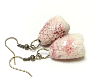 Cream and pink ceramic bell earrings