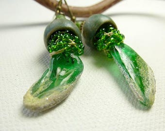 50% already applied - Earrings - green and beige - bell and glass pendants