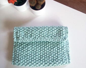 Etui pour tablette, tricoté en coton bleu / vert