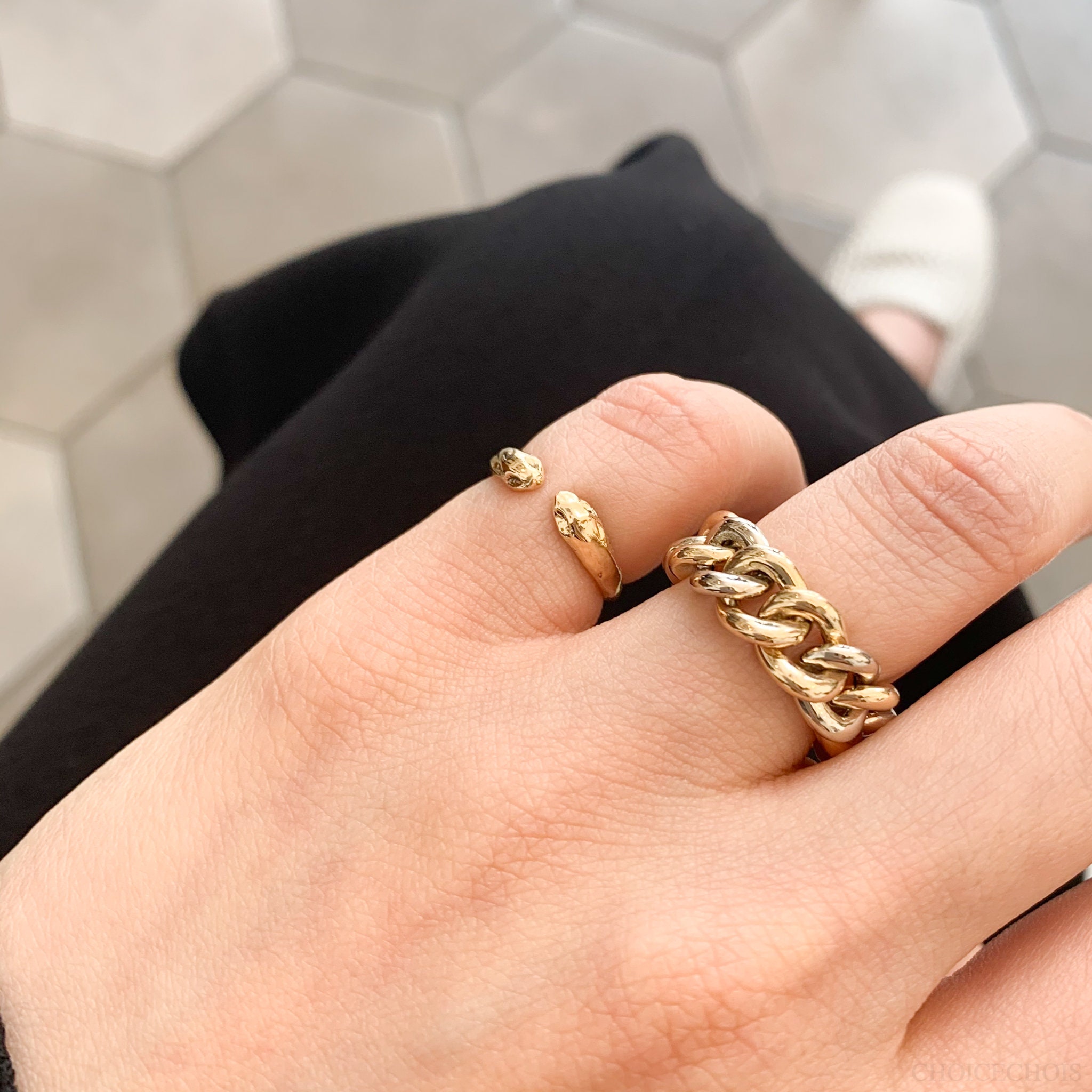 14K solid gold 7mm hollow chain ring/chain ring/solid gold | Etsy