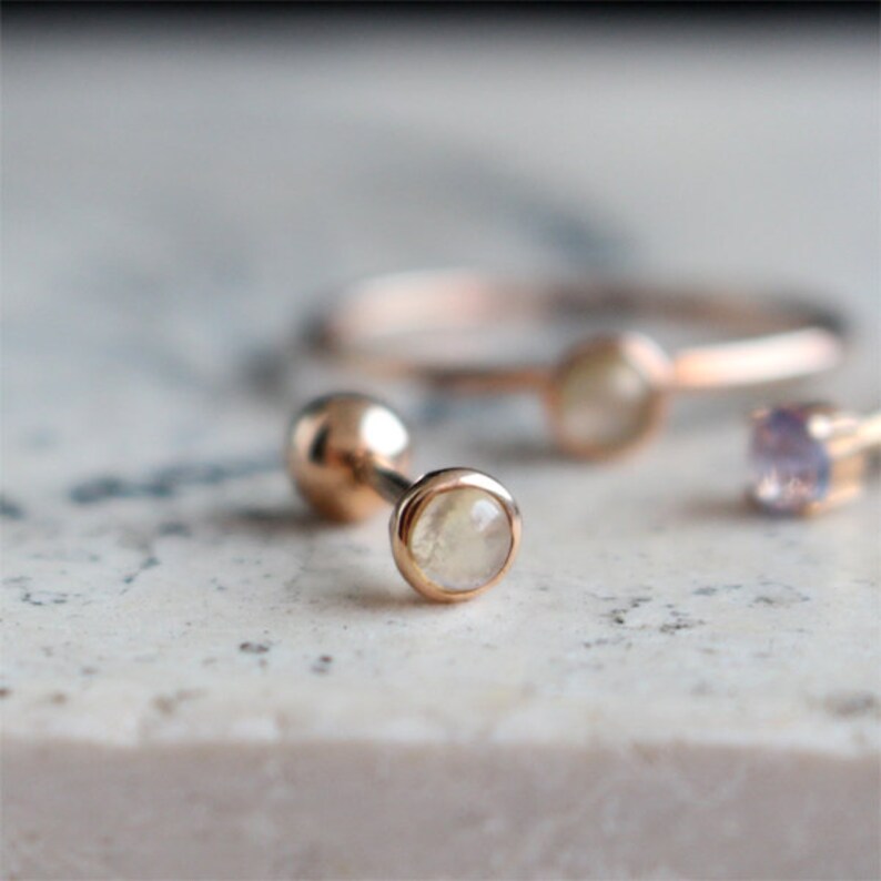 18K solid rose gold moonstone piercingmoonstone earringcatseye moonstone piercinglayering piercinggemstone earringpiercing gift