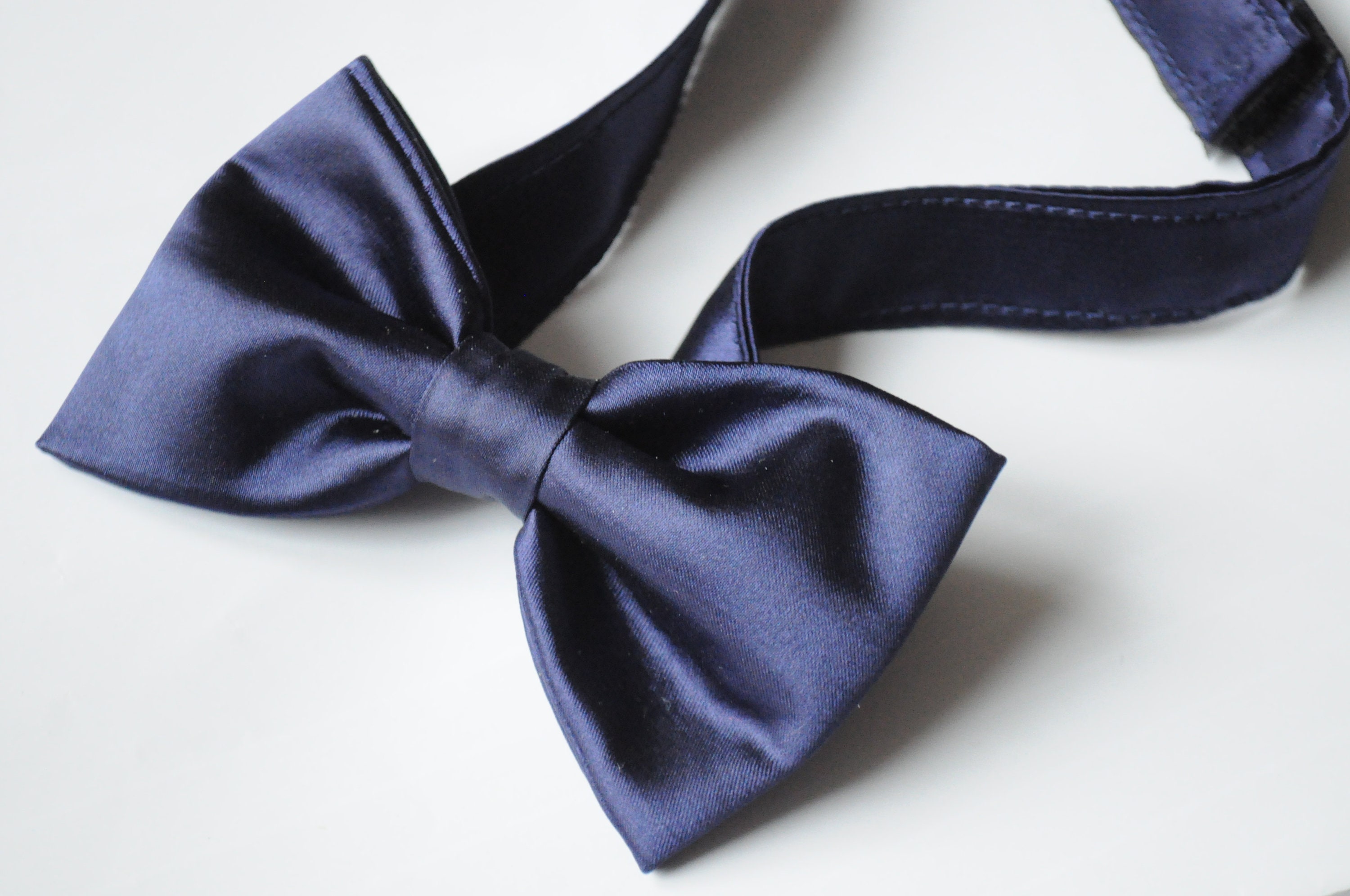 Navy Blue Satin Bow Tie, Handmade for Men, Pretied With Velcro