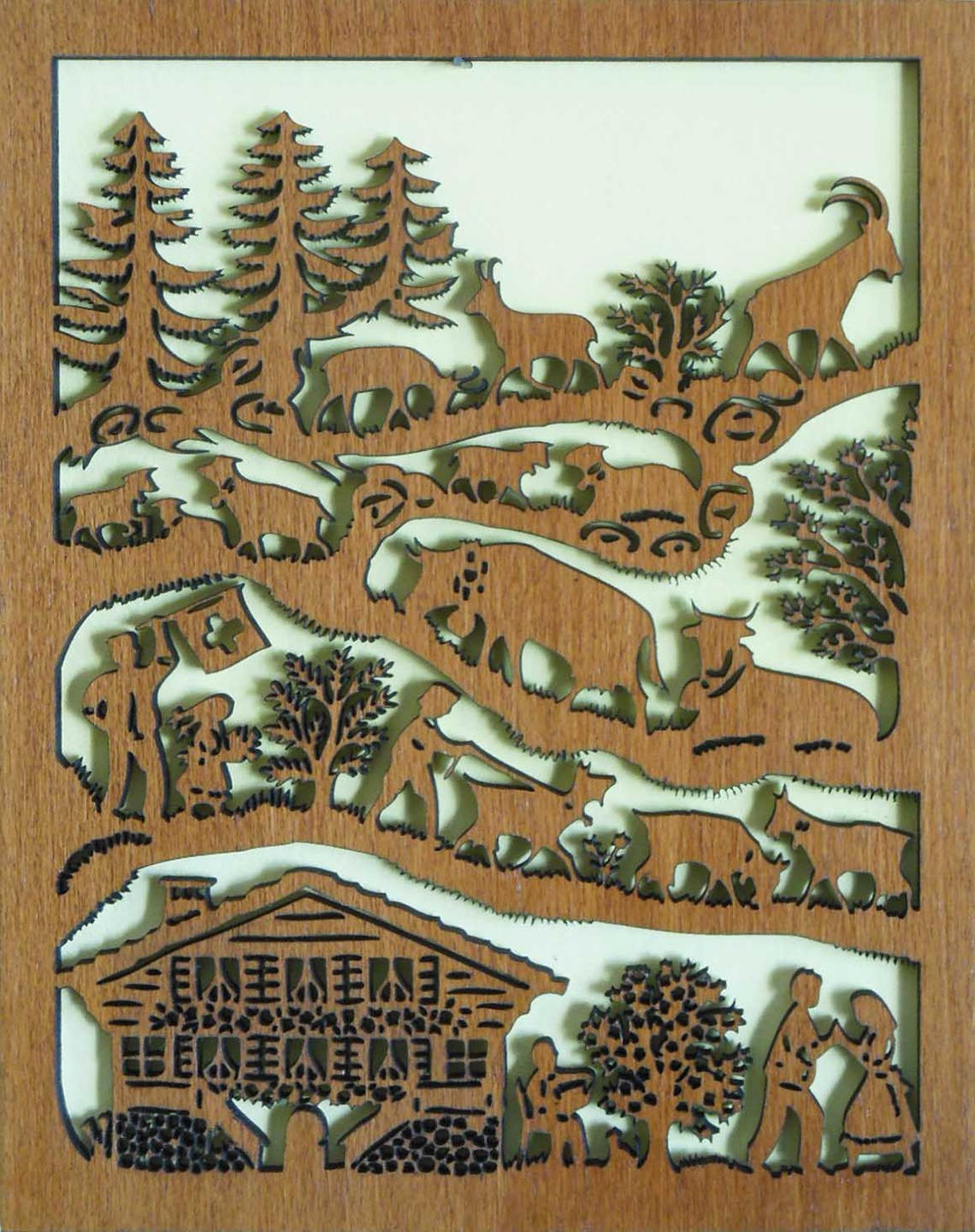 Poya | Montée à L'alpage Moyenne, avec Vaches et Bouquetins en Bois | Hêtre Découpé Teinté.