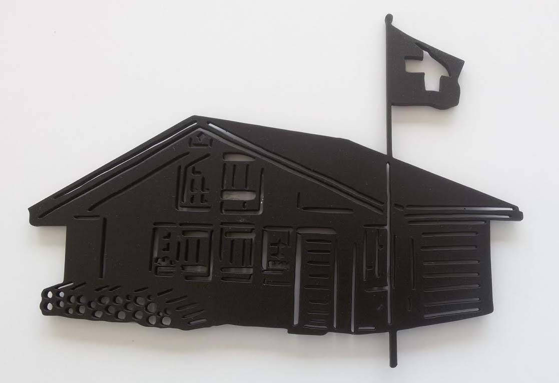 Chalet avec Drapeau Suisse, Style Poya, Montée à L'alpage, en Bois Découpé et Peint.