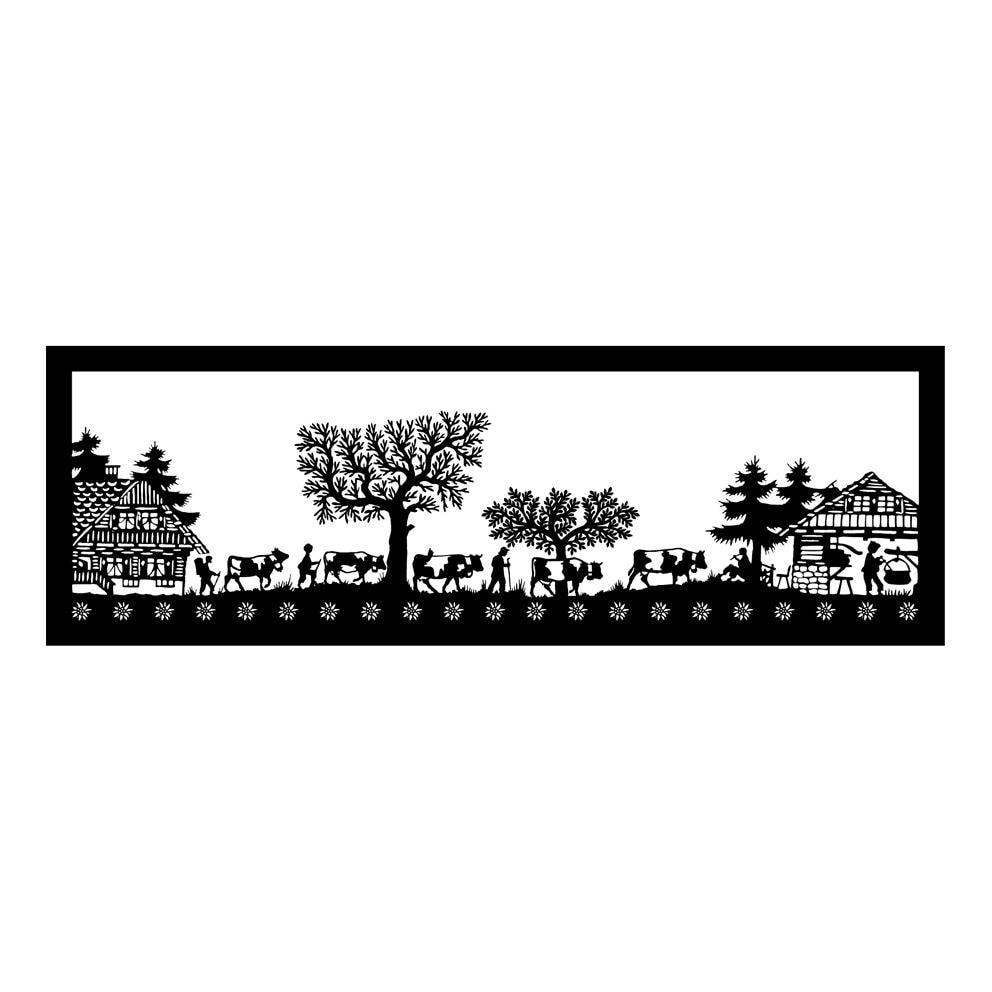 Poya, Montée à L'alpage, en Bois Découpé et Peint Noir. Cadre de 60 cm Long.