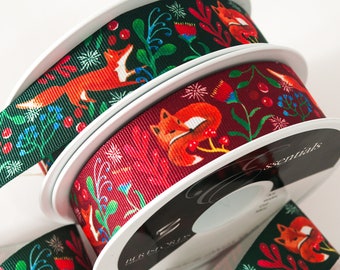 Ruban de Noël - Fox Friends - 25mm Grosgrain Ruban - Vendu par Mètre - Couleur au Choix / Décoration Saisonnière des Fêtes