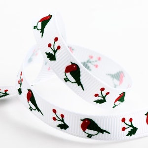 Ruban Grosgrain Noël 9mm  Rouge Gorge et Houx en Bobine de 5  Mètres Scrapbooking Carterie Décoration et Embellissement de Fêtes et Noël