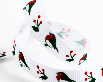 Robin and Holly Printed 9mm Gros Grain Ribbon 5 Meter Roll / Christmas Winter Scrapbooking and Decoration