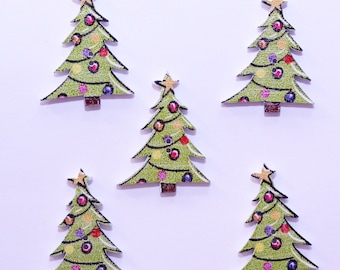 Bouton de Noël en Bois - Sapin de Noel avec Bulles 23mm - Lot de 10 / Bouton Fantaisie Pour Scrapbooking et Décoration Customisation