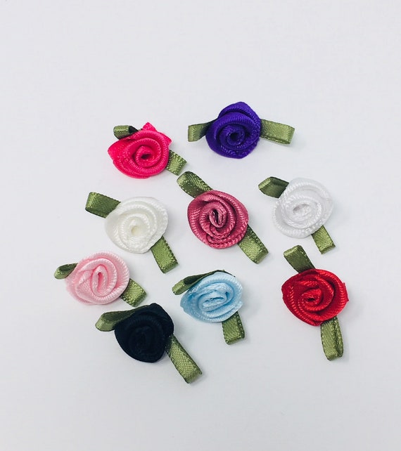 Mini Satin Ribbon Roses With Leaf 12mm / Choice of Colour / Small