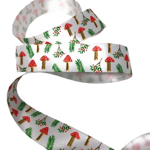 Ruban de Noël - Toadstool / Champignon - 25mm Satin Ruban - Vendu par Mètre  / Décoration Saisonnière des Fêtes