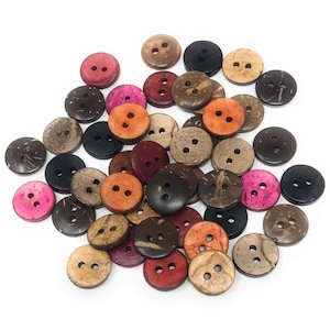 Könnte beinhalten: Eine Sammlung von verschiedenen Kokosnussschalenknöpfen in verschiedenen Farben, darunter Braun, Schwarz, Pink, Rot und Orange. Die Knöpfe sind rund und haben zwei Löcher.