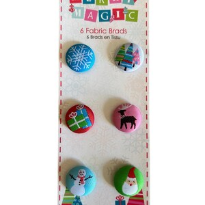 Attaches Parissiennes / Brads en Tissu x 6 Thème Noël : Merry Magic  / Brads Fantaisie Noel pour Scrapbooking Carterie Décoration